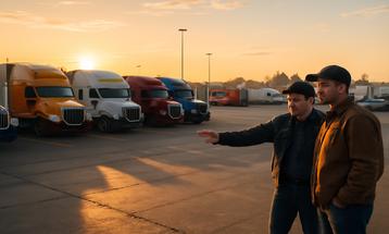 Truck Drivers Discussing Fleet at Sunset