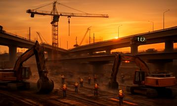 Sunset Over a Busy Highway Construction Site