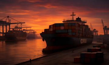 Container Ship Docked at Sunset