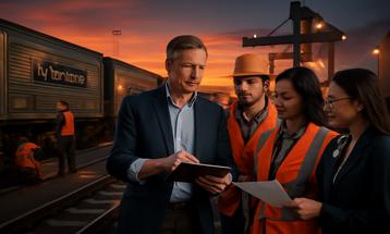 Railway Logistics Team Coordination at Sunset
