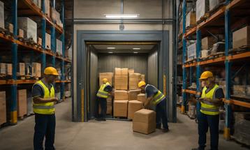 Warehouse Workers Loading Packages into Freight Elevator