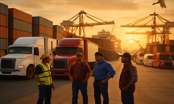 Logistics Workers at a Busy Port at Sunset