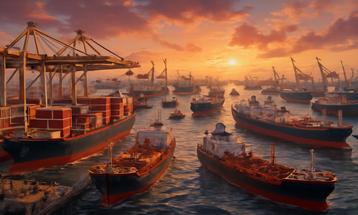 Busy Harbor at Sunset with Cargo Ships