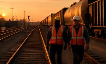 Rail Workers Walking Along Tracks at Sunset