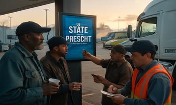 Truck Drivers Discussing at Fuel Station with Advertisement Display