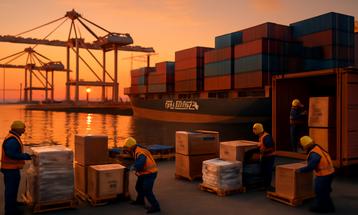Dock Workers Unloading Cargo at Sunset