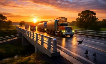 Trucks Crossing Wet Bridge at Sunrise