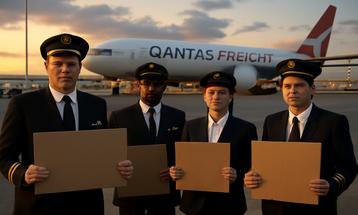 Qantas Freight Pilots Holding Blank Signboards at Airport