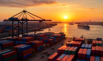 Sunset Over a Busy Container Port