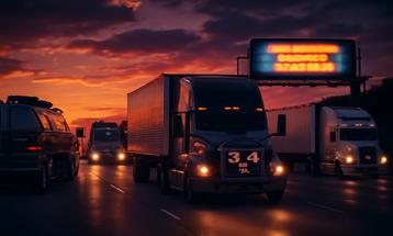 Trucks on the Highway at Sunset