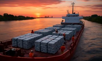 Cargo Ship Navigating River at Sunset