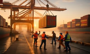 Dock Workers Coordinating Cargo Loading at Sunrise