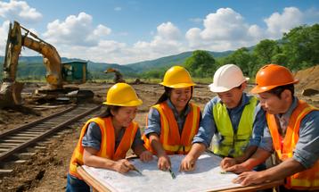 Construction Crew Collaborating on Site Plans