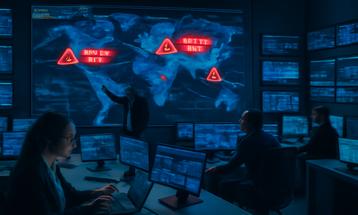 High-Tech Control Room Cybersecurity Threat Monitoring