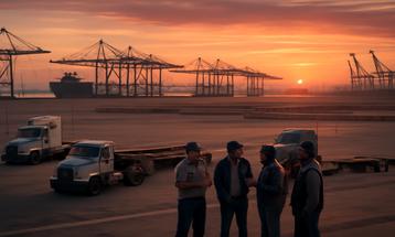 Dockworkers at Sunrise on Industrial Port