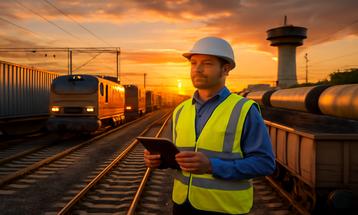 Railway Engineer Conducting Inspection at Sunset