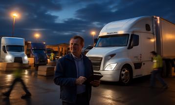 Man Holding Tablet in Illuminated Truck Yard at Dusk