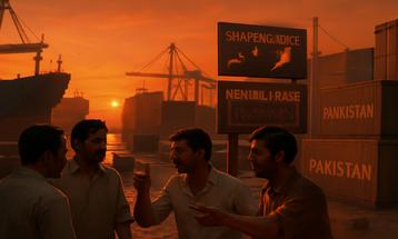 Dock Workers in Intense Discussion at Sunset