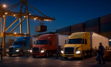 Colorful Trucks at Night Container Terminal