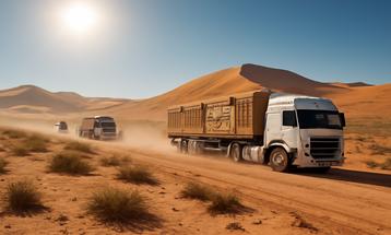 Convoy in Sun-Drenched Desert Landscape