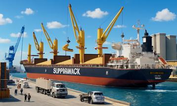 Cargo Ship Unloading at Industrial Port with Cranes