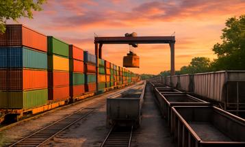 Multicolored Shipping Containers on Train at Sunset