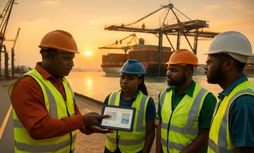 Workers Discussion at Industrial Port at Sunset